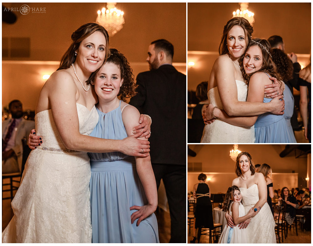 Bride poses for a candid photo with each of her daughters on her wedding day