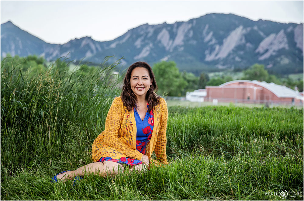 Casual Boulder lifestyle business portrait with mountain backdrop in Colorado