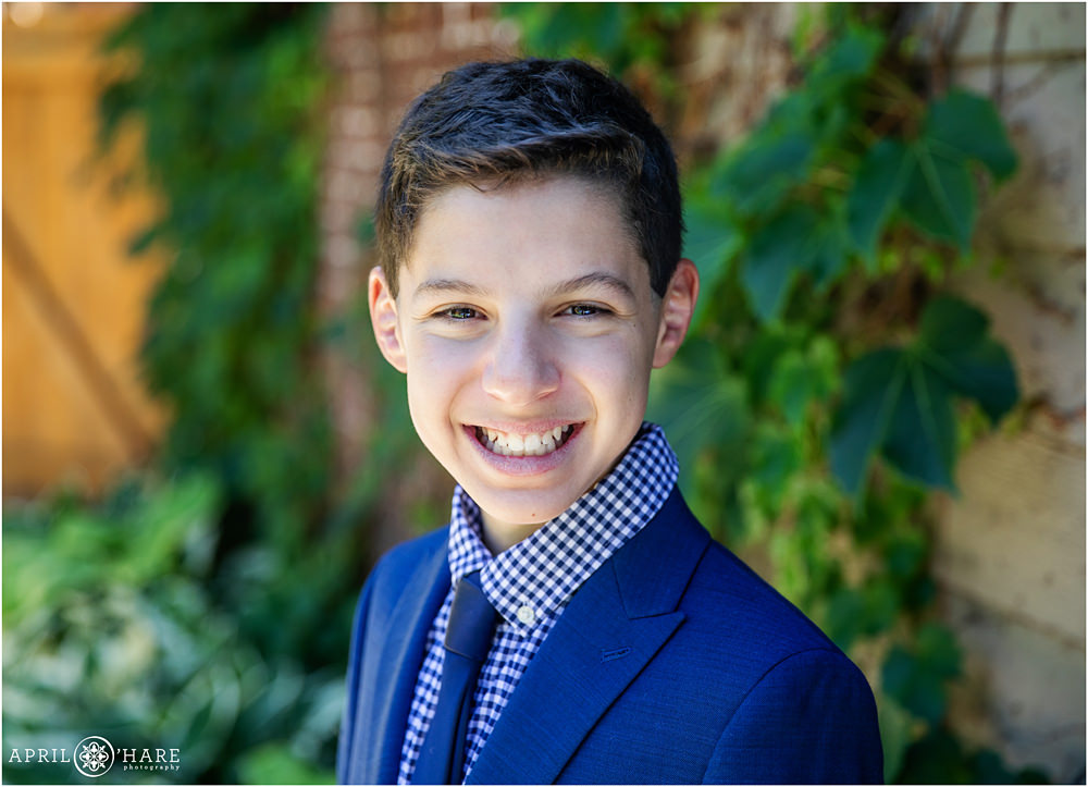 Classic Bar Mitzvah Portrait in the backyard of his Denver home