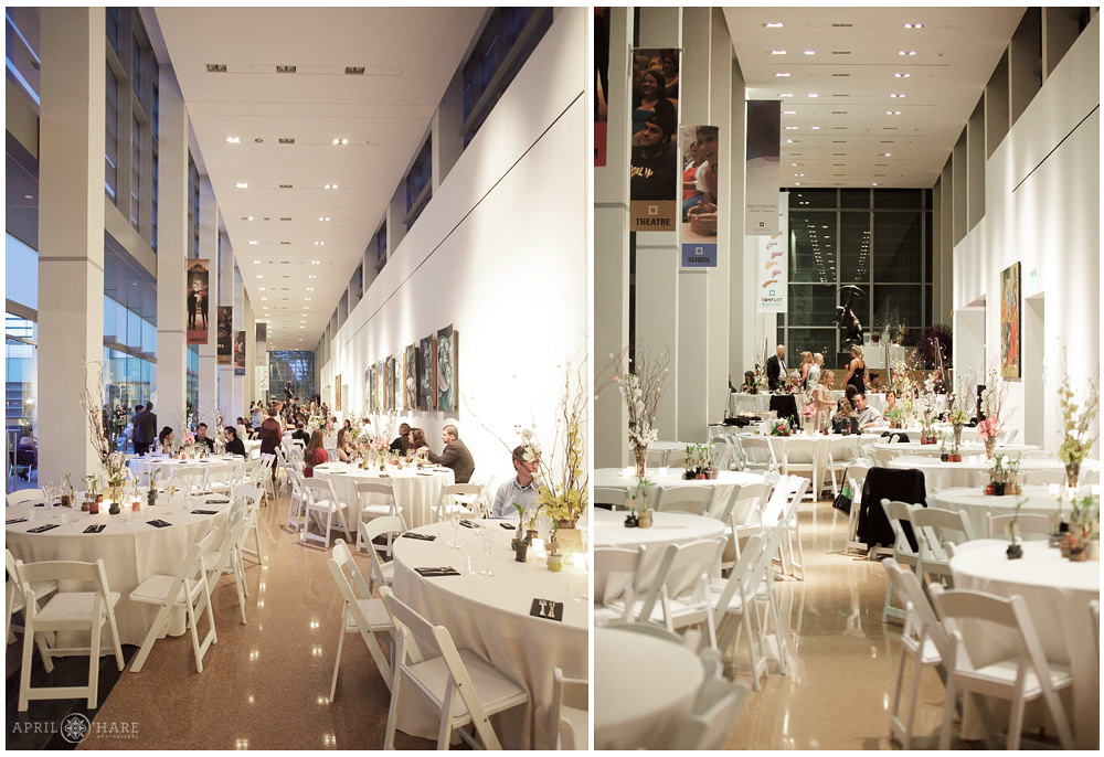 Art Museum Wedding Venue with white tables in a long hallway reception space