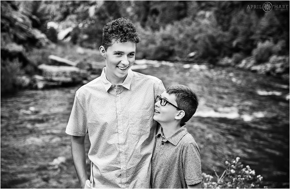 Cute B&W candid photo of two brothers at their Clear Creek Family Session