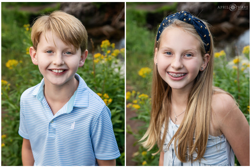 Individual portraits of a brother and a sister at their summer family photography session in the Aspen Colorado area with wildflowers