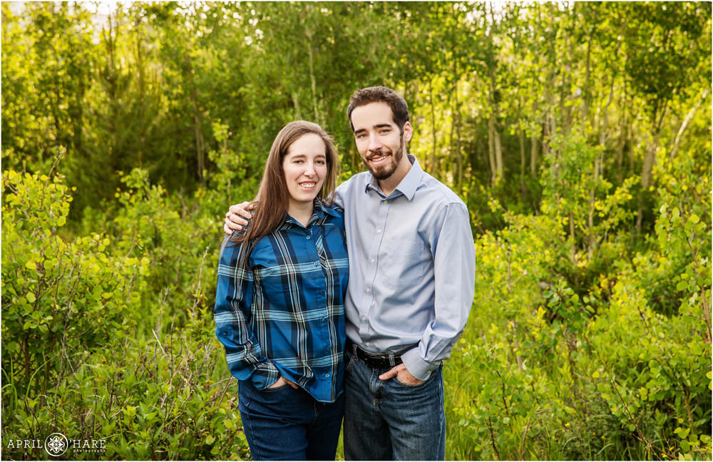 Sibling portrait in a pretty aspen tree forest at Point Park in Grand Lake Colorado