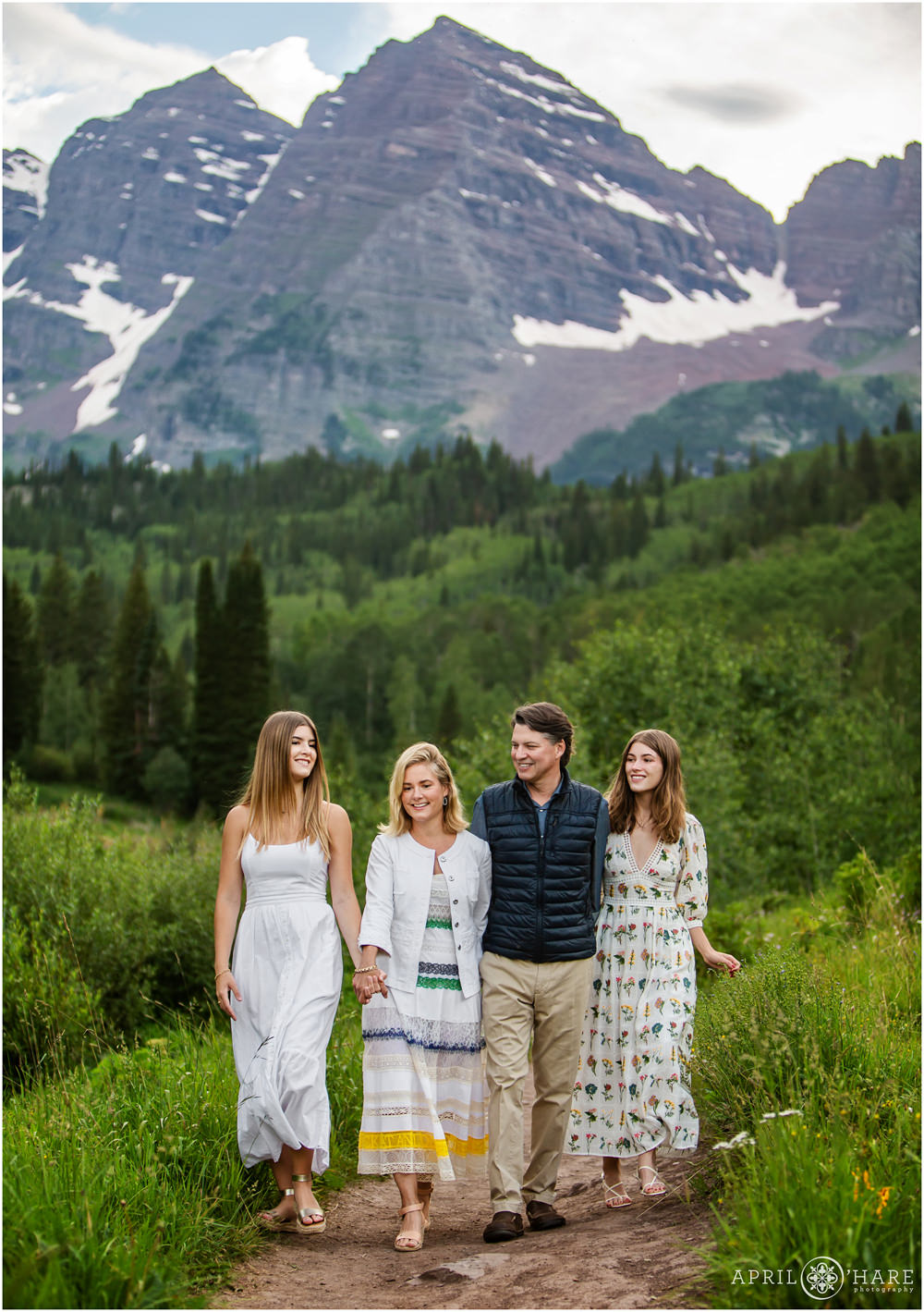 Snowmass Village family photos on a path at Maroon Bells in Colorado