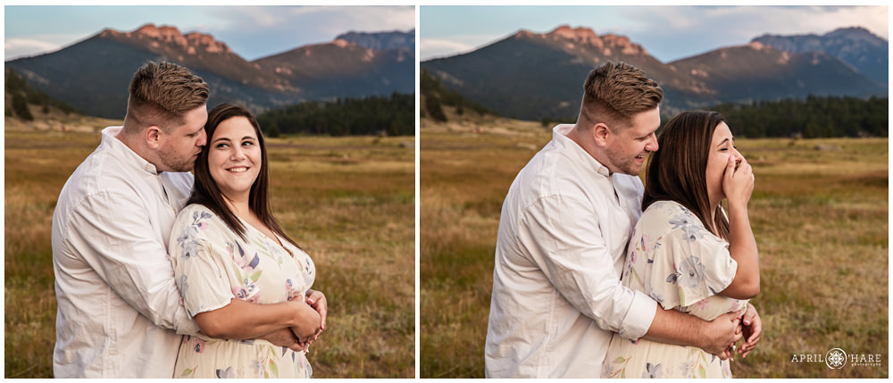 Cute photo of an engaged couple laughing together at their engagement photography session in Estes Park