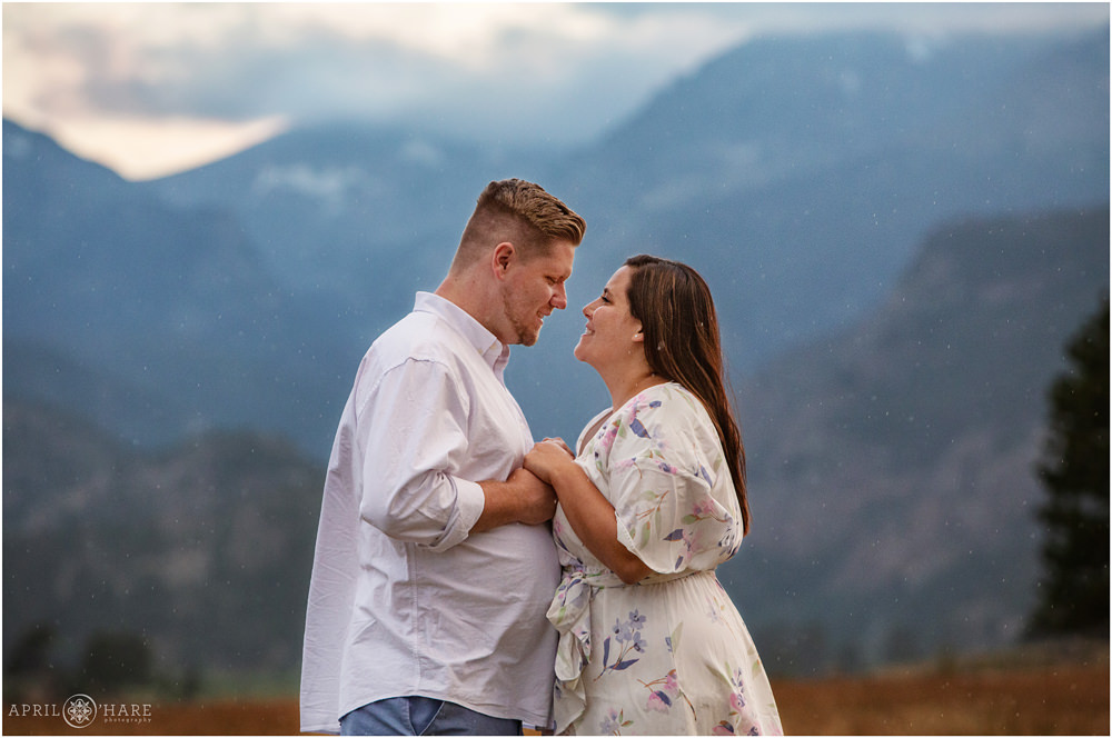 Beautiful mountain portrait of an engaged couple while on their Estes Park Colorado vacation