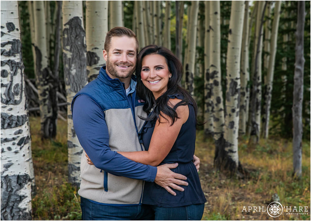 Aspen Tree Backdrop for a Couples Portrait for Christmas Family Photos in Evergreen Colorado