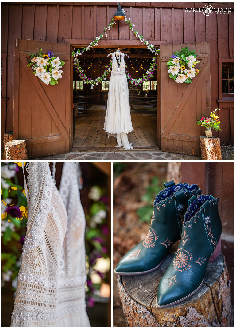 Bride's dress and shoe details at a rustic Colorado wedding