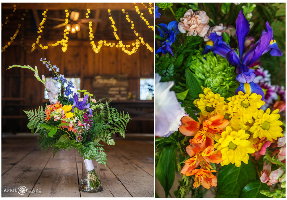 Pretty colorful wedding bouquet in a rustic barn setting in Colorado