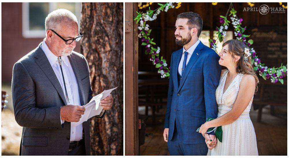 Dad reads during outdoor wedding ceremony in Colorado