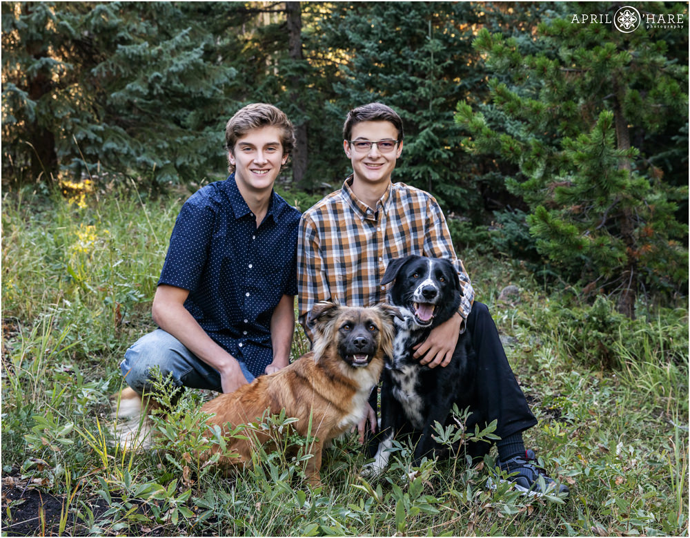 Fraternal boy twins pose with their cute dogs in Evergreen Colorado