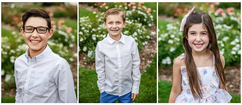 Three kids get their own individual photo in the War Memorial Rose Garden in Littleton Colorado
