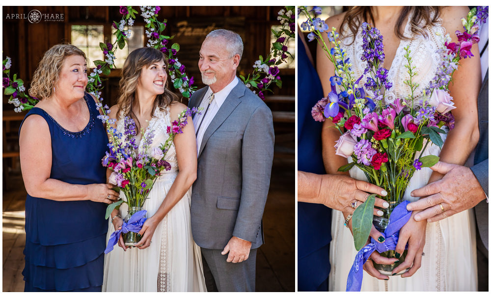 Bride with her parents holds a special bouquet for her brother on her wedding day
