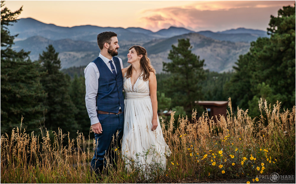 Casual wedding portrait with pretty sunset mountain backdrop on Lookout Mountain in Golden Colorado