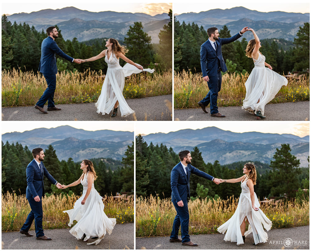 Cute action photo of a bride and groom dancing mountainside on Lookout Mountain in Golden Colorado