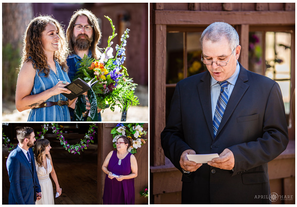 Friends and family do some readings at a rustic outdoor Colorado wedding ceremony on private property