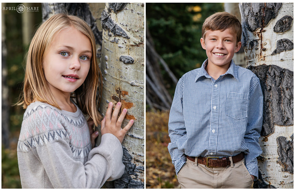 Siblings pose for their own individual portraits with the aspen tree trunks on Squaw Pass Road