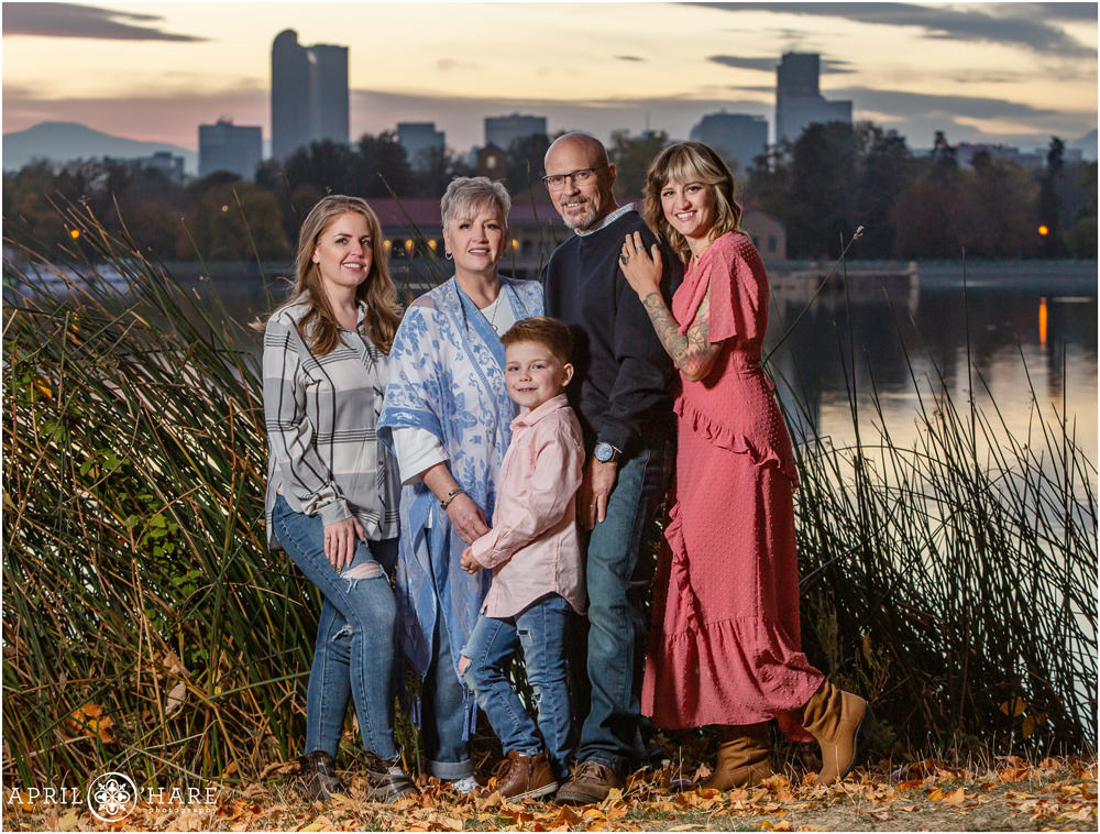 Denver Colorado Skyline Family of 5 Photo at Sunset During Fall