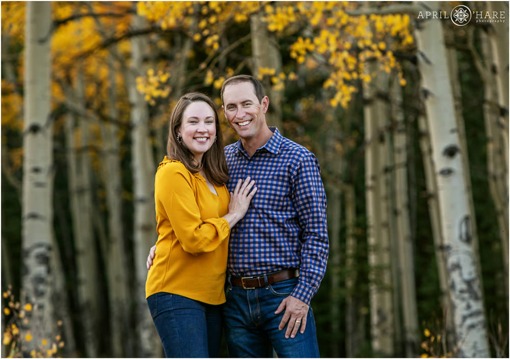 Cute couple pose for their own separate parent portrait in the gorgeous aspen trees on Squaw Pass Road
