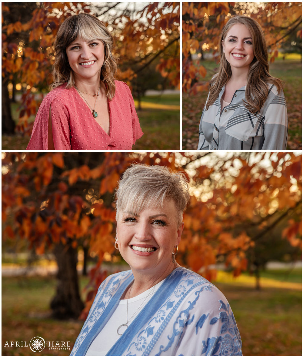 A 3 photo collage of two sisters and their mom posing for headshot portraits in front of a pretty fall color tree at City Park in Denver Colorado