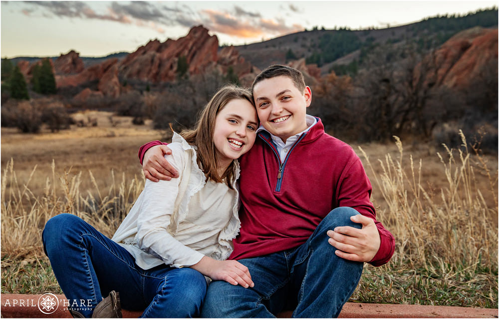 Natural photo of a brother and sister at Roxborough State Park in Littleton Colorado