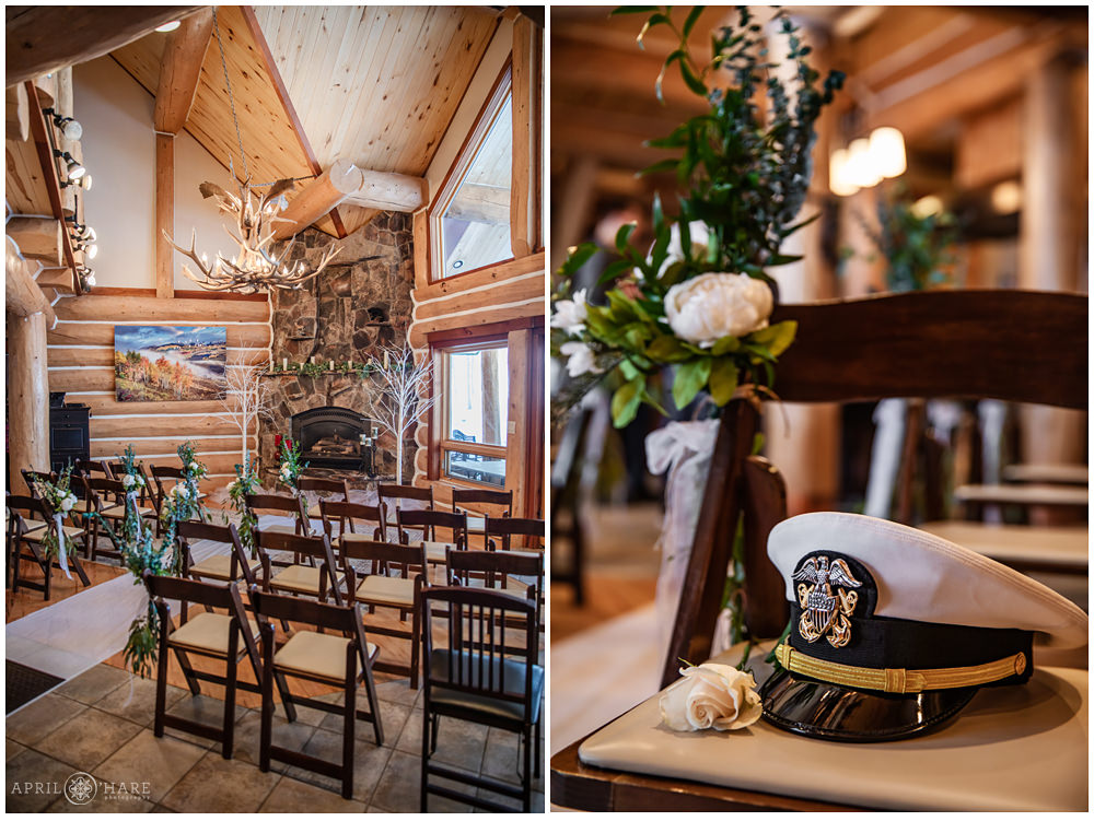 Indoor wedding ceremony set up inside a wood cabin home in Keystone Colorado