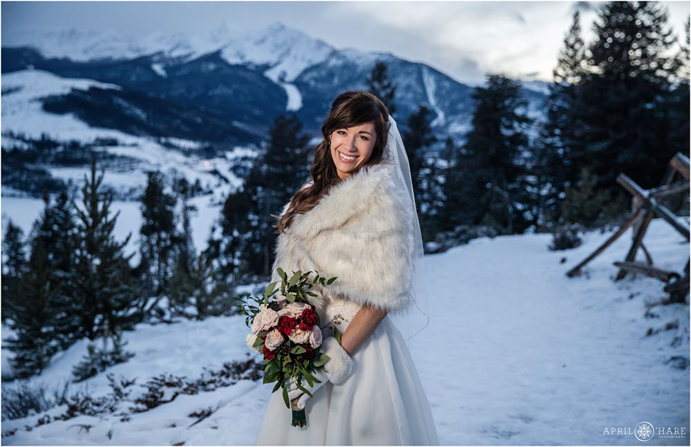Beautiful outdoor bridal photo during winter at Sapphire Point in Colorado