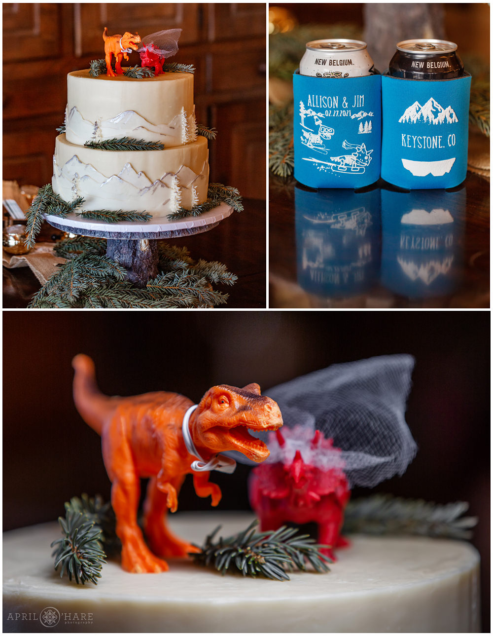 Dinosaur wedding cake with mountains on it at Keystone Colorado wedding