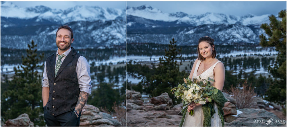 Individual photo of groom and bride toward dusk with blue mountain views in the backdrop at 3M Curve at RMNP in Estes Park