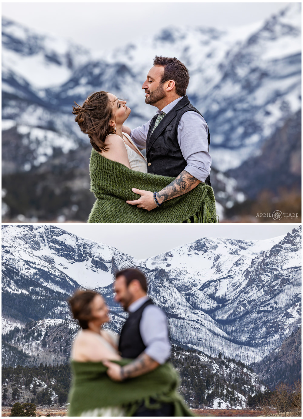 Couple looks at each other in front of the gorgeous Moraine Park mountain backdrop on a windy spring day on the day of their elopement