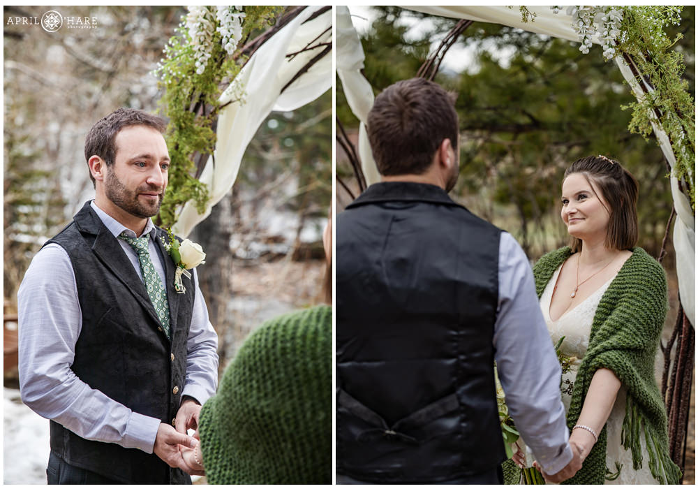 Two side by side photos of a bride and groom looking at each other during their vows at their elopement under a pretty wood arch at Romantic RiverSong Inn in Estes Park CO