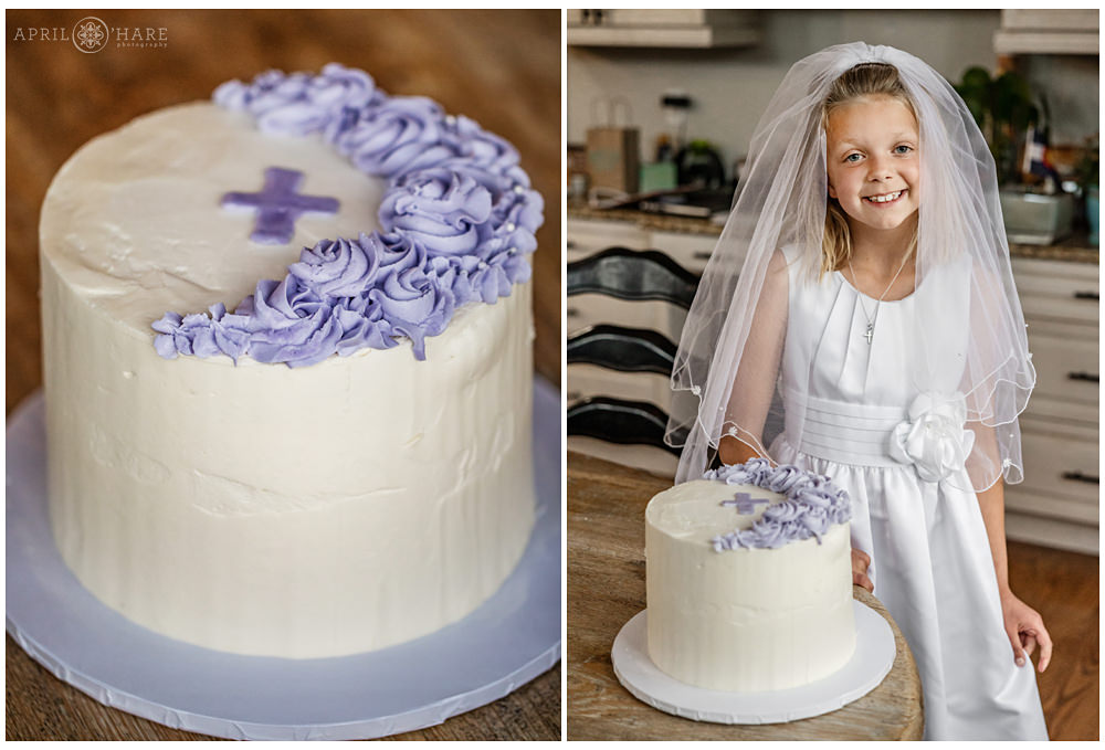 A first communion photo of a girl at home with her cake in Denver Colorado