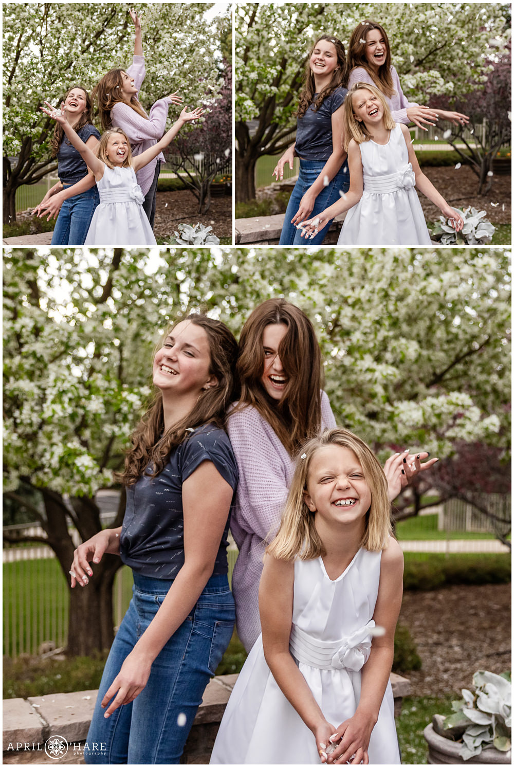Candid photo of three sisters throwing flower petals in the air for spring in their backyard in Denver