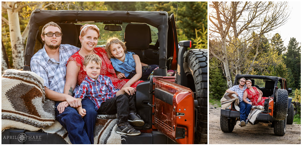 Jeep Engagement Photos with Kids snuggling in the back mountains of Colorado
