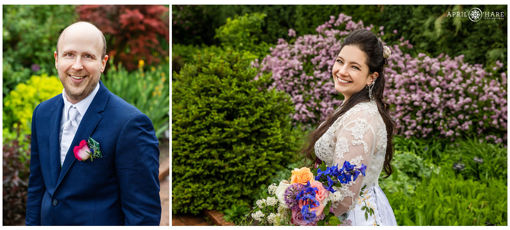 Individual portraits of bride and groom on their spring wedding day at Denver Botanic Gardens