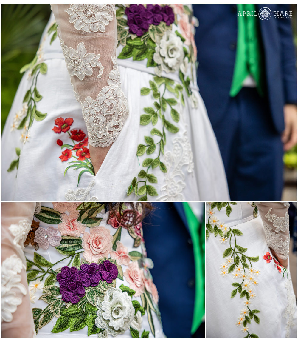 Photo collage of the bride's intricate embroidery all over her wedding dress at Denver Botanic Gardens