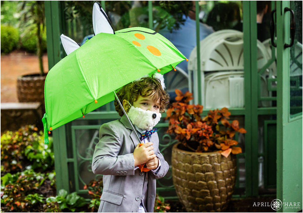 Cute ringbearer wearing a furry mask and holding lime green umbrella walks into Woodland Mosaic Solarium on a rainy wedding day in Colorado
