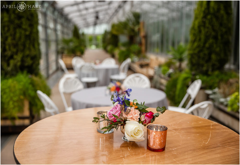 Wedding reception set up inside the Orangery at Denver Botanic Gardens