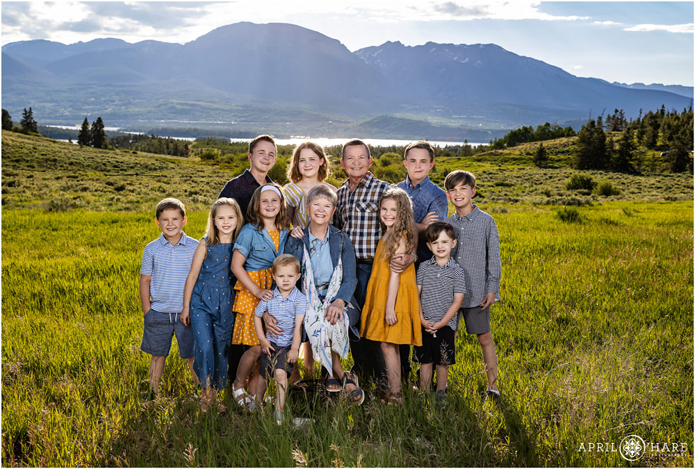 Grandparents get a photo with all of their grandchildren on their family vacation in Colorado