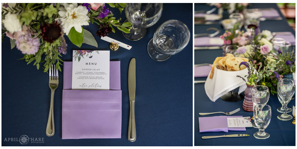 Purple decor on blue tablecloth at Estes Park Condos Wedding in Colorado