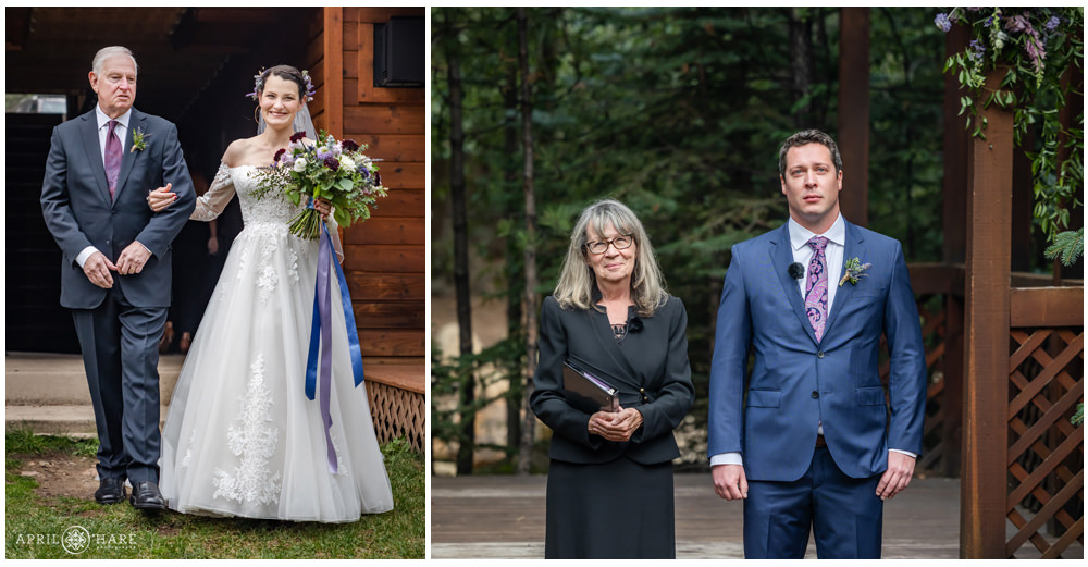 Photo collage of bride and groom seeing each other for first time at their wedding ceremony at Estes Park Condos