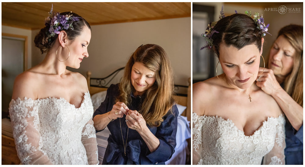 Photo collage of mother of the bride helping her daughter with her necklace on her wedding day at Estes Park Condos