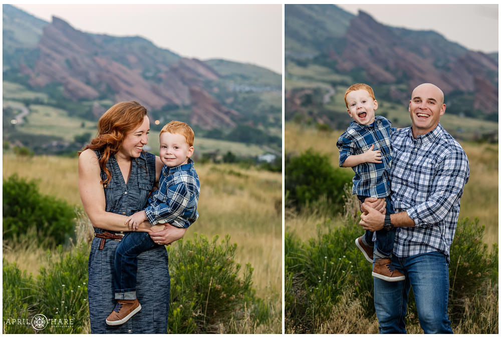 Mom and Dad get a photo with their son separately at East Mount Falcon Trailhead in Colorado
