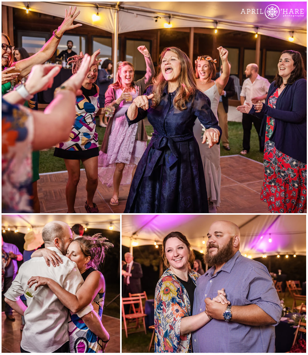 Photo collage of wedding guests on the dance floor at Estes Park Condos