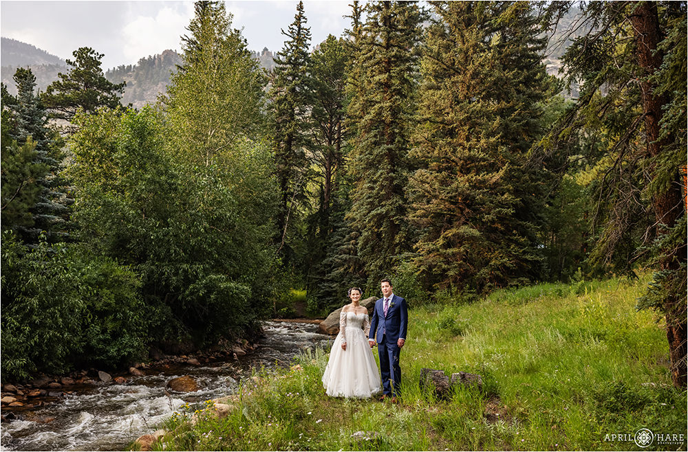 Bride and groom hold hands while standing in a field of wildflowers with Fall River and a mountain backdrop surround them