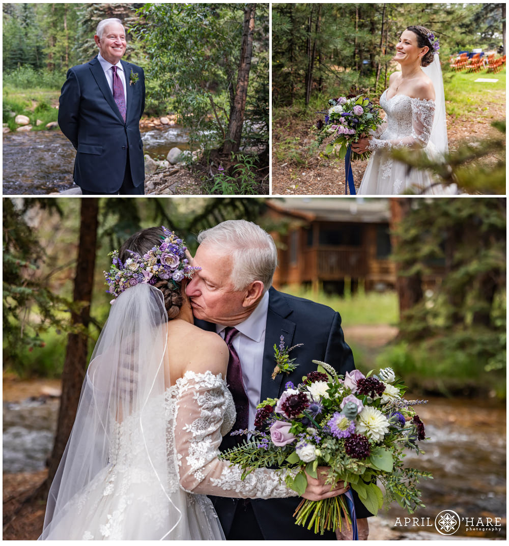 A photo collage of a bride and her dad having a first look on her wedding day next to Fall River in Estes Park