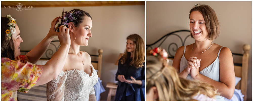 Photo collage of a bride getting help with her veil and surrounded by family and friends on her wedding day at Estes Park Condos