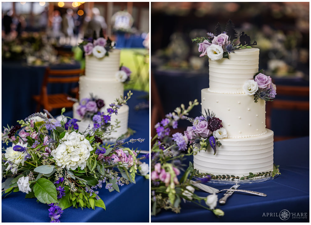 Best Day Floral display with purple flowers on a 3 tiered white wedding cake created by French For Sugar in Estes Park CO