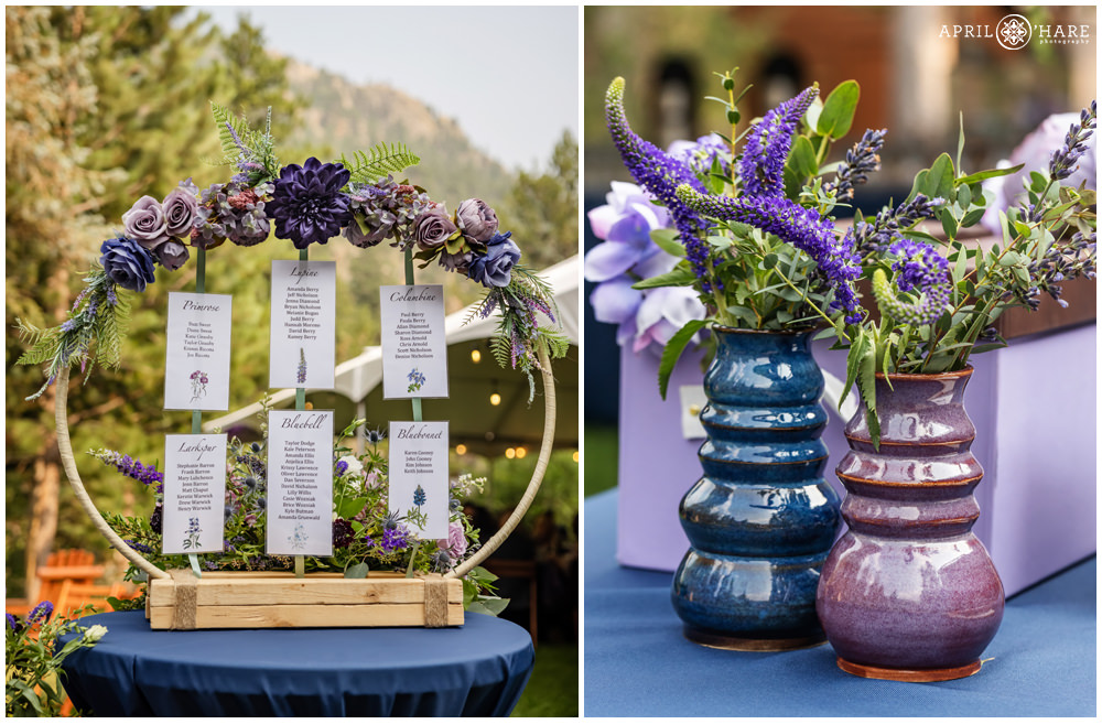 Purple and blue wedding decor with hand made bud bases and a circle shaped table seating chart for guests at the Estes Park Condos