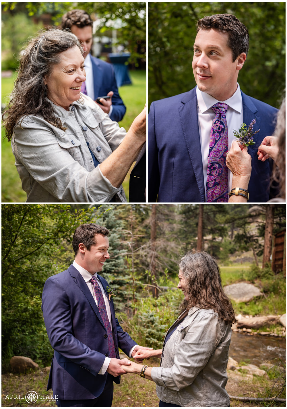 A photo collage of a mom helping her sons with their boutonnieres on a wedding day in Estes Park